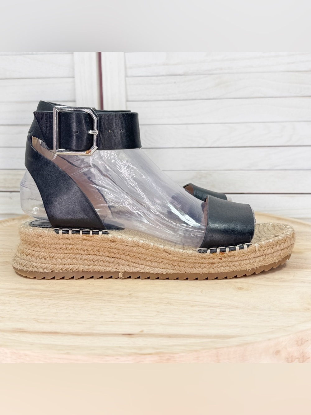 Antonio Melani Ankle Strap Espadrille Platform Leather Sandals Black 7.5